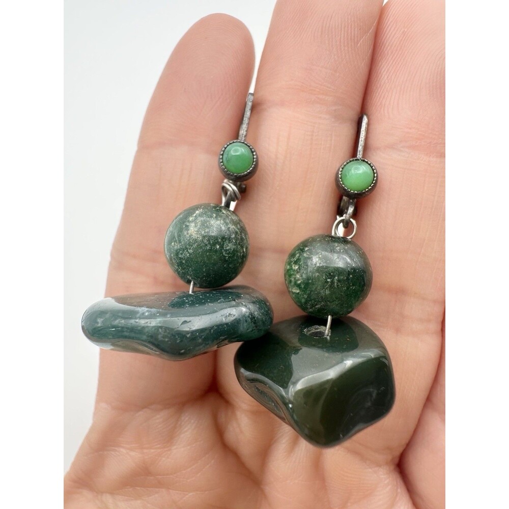 Vintage Sterling Silver Natural Green Gemstone Earrings